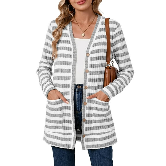SHOWMALL Women's Button Down Cardigan Long Sleeve Sweater, Gray Stripe M Soft Ribbed Knit Open Front Sweater with Pockets for Fall Winter