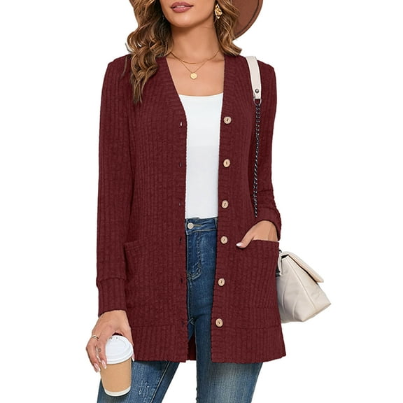 SHOWMALL Women's Cardigan with Pockets, V-Neck Ribbed Button Down, Burgundy S Soft Cozy Brushed Knit Sweater, Work to Weekend, Spring/Fall/Winter Layering