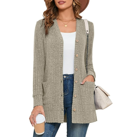 SHOWMALL Women's Cardigan with Pockets, V-Neck Ribbed Button Down, Grayish Apricot M Soft Cozy Brushed Knit Sweater, Work to Weekend, Spring/Fall/Winter Layering