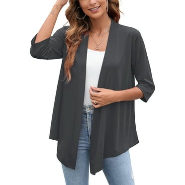 SHOWMALL Women's Casual Lightweight Open Front Cardigans Soft Draped 3/4 Sleeve Cardigan, US Size Medium, Dark Gray