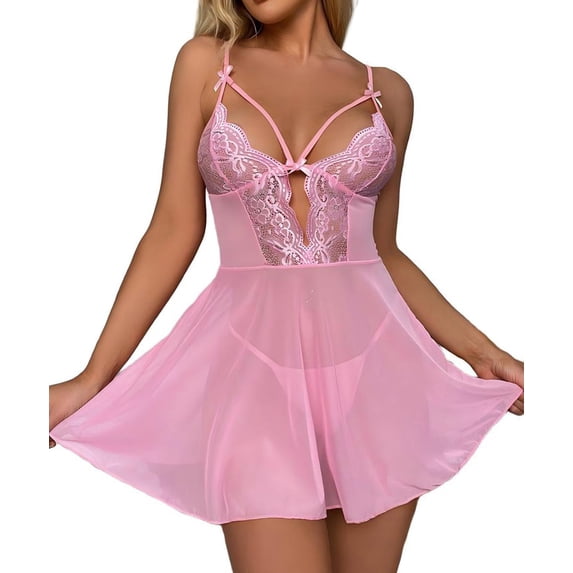 SHOWMALL Women's Lingerie Lace Babydoll Nightdress, Adjustable Strap Cutout Chemise Sleepwear, Sexy V Neck Sheer Mesh Nightgown, Pink XL