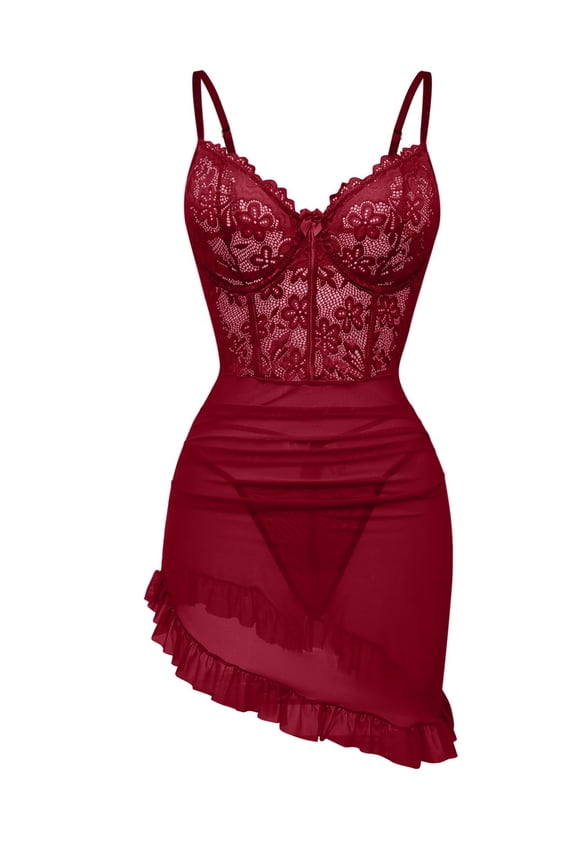Women's Lingerie Lace Nightdress Strap Chemise Underwire Bodysuit Sexy V Neck Sleepwear Burgundy 2XL