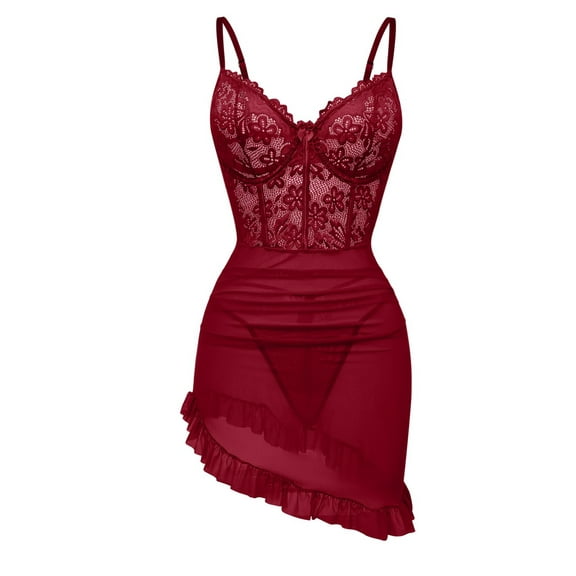 SHOWMALL Women's Lingerie Lace Nightdress Strap Chemise Underwire Bodysuit Sexy V Neck Sleepwear Burgundy L