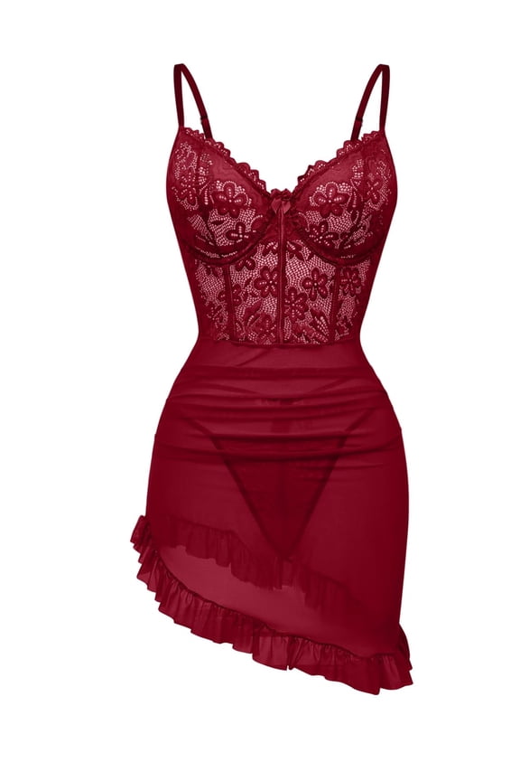 Women's Lingerie Lace Nightdress Strap Chemise Underwire Bodysuit Sexy V Neck Sleepwear Burgundy L