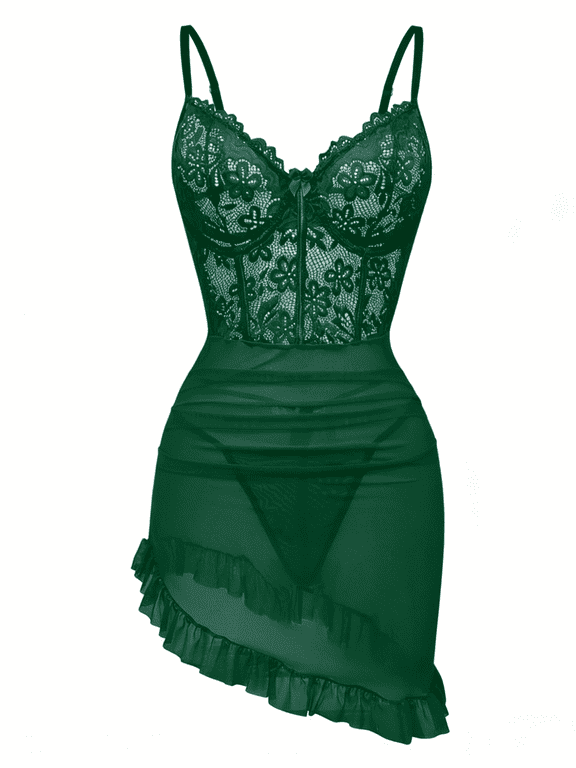 Women's Lingerie Lace Nightdress Strap Chemise Underwire Bodysuit Sexy V Neck Sleepwear Green 2XL