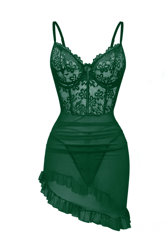 Women's Lingerie Lace Nightdress Strap Chemise Underwire Bodysuit Sexy V Neck Sleepwear Green 2XL