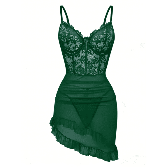 SHOWMALL Women's Lingerie Lace Nightdress Strap Chemise Underwire Bodysuit Sexy V Neck Sleepwear Green 3XL