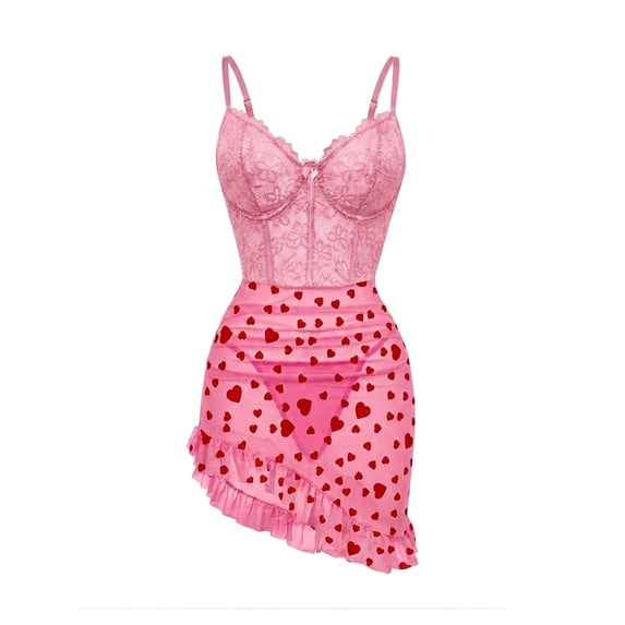 SHOWMALL Women's Lingerie Lace Nightdress Strap Chemise Underwire Bodysuit Sexy V Neck Sleepwear Hearts 3XL