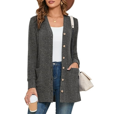 SHOWMALL Women's Long Sleeve Open Front Cardigan Button Down Dark Gray M Ribbed Lightweight Knit Outerwear with Pocket