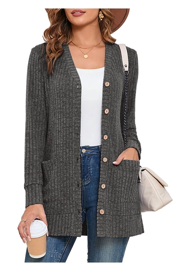 Women's Long Sleeve Open Front Cardigan Button Down Dark Gray M Ribbed Lightweight Knit Outerwear with Pocket