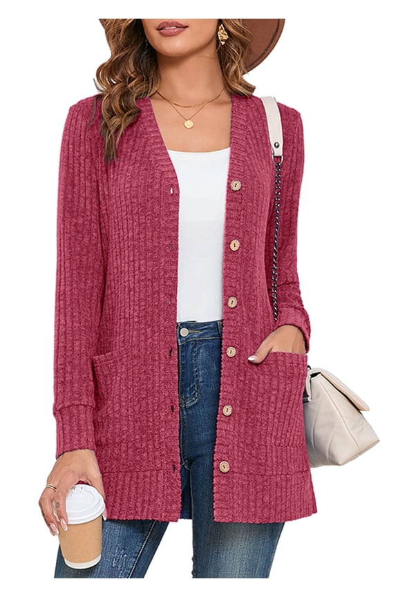 Women's Long Sleeve Open Front Cardigan Button Down Jujube Red L Ribbed Lightweight Knit Outerwear with Pocket