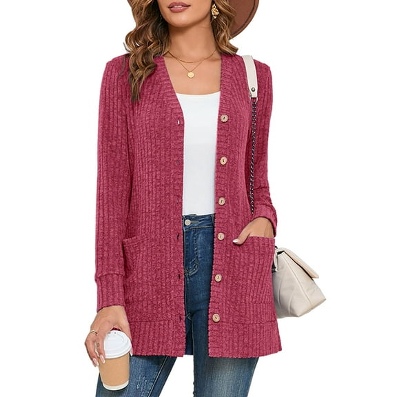 SHOWMALL Women's Long Sleeve Open Front Cardigan Button Down Jujube Red S Ribbed Lightweight Knit Outerwear with Pocket