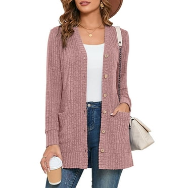 SHOWMALL Women's Long Sleeve Open Front Cardigan Button Down Mauve S Ribbed Lightweight Knit Outerwear with Pocket