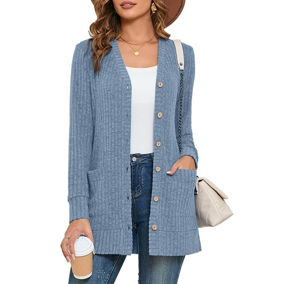 SHOWMALL Women's Open Front Lightweight Cardigan Sweater, Light Blue S Ribbed V-Neck Button Down, Soft Cozy Layers with Pockets, Fall/Winter/Spring, Holiday Gift for Mom