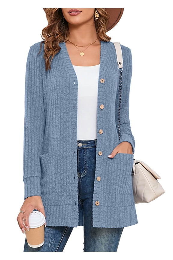 Women's Open Front Lightweight Cardigan Sweater, Light Blue S Ribbed V-Neck Button Down, Soft Cozy Layers with Pockets, Fall/Winter/Spring, Holiday Gift for Mom
