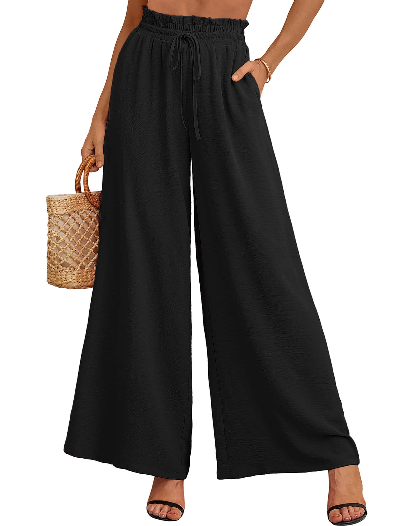 SHOWMALL Women's Pants Casual Elastic High Waisted Wide Leg Pants Black ...