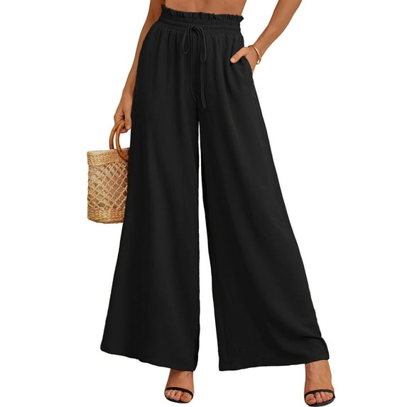 SHOWMALL Women's Pants Casual Elastic High Waisted Wide Leg Pants Black L Palazzo Pants with Pockets