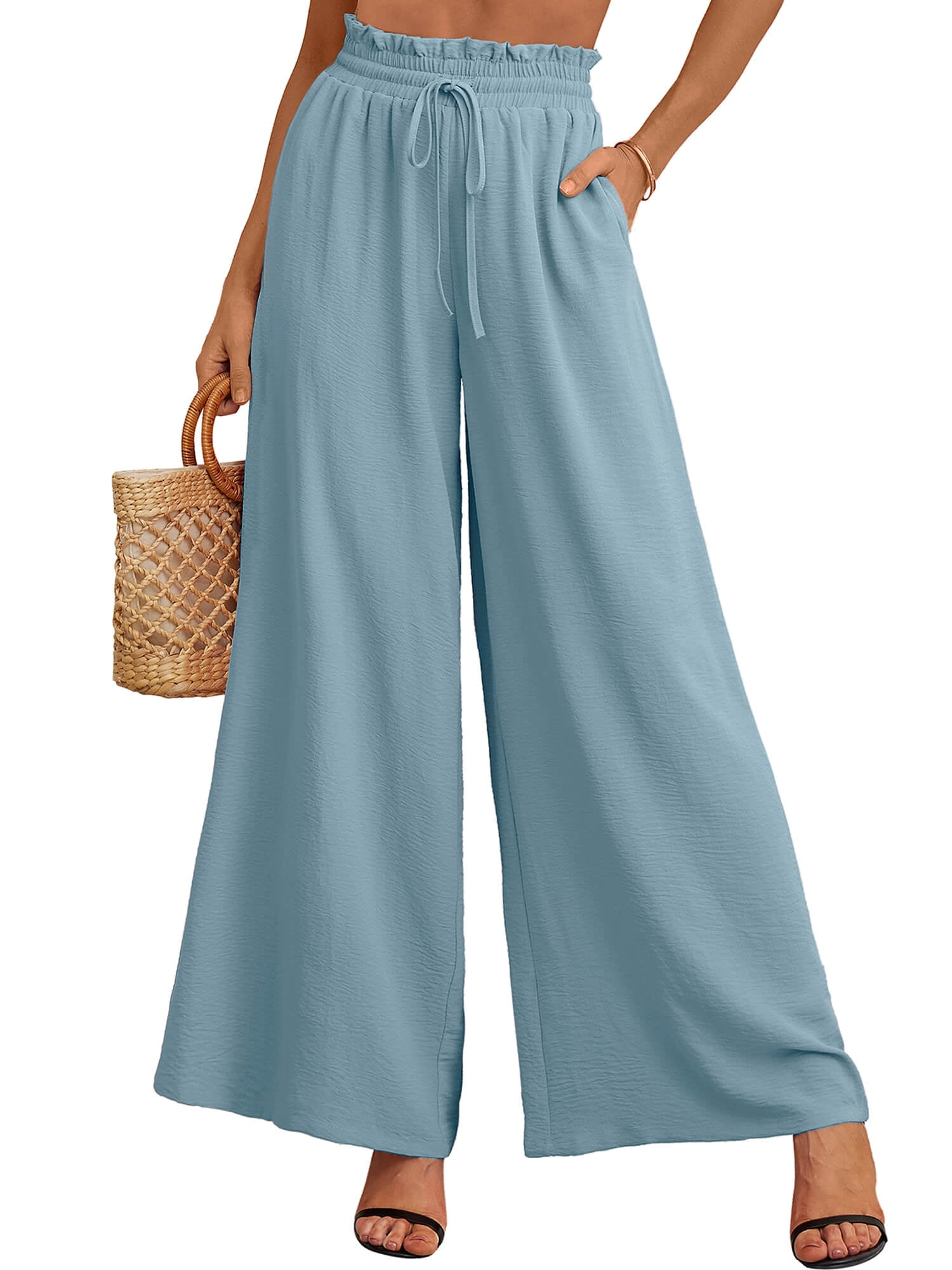 SHOWMALL Women's Pants Casual Elastic High Waisted Wide Leg Pants Blue Gray L Palazzo Pants with