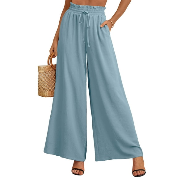 SHOWMALL Women's Pants Casual Elastic High Waisted Wide Leg Pants Blue Gray L Palazzo Pants with Pockets