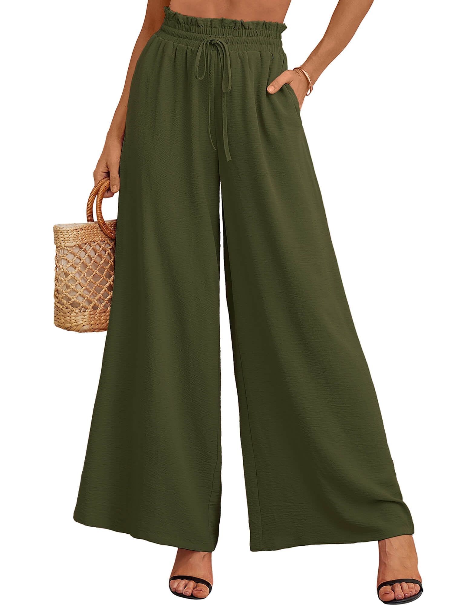 SHOWMALL Women's Pants Casual Elastic High Waisted Wide Leg Pants Olive ...