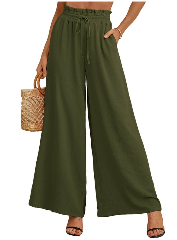 SHOWMALL Women's Pants Casual Elastic High Waisted Wide Leg Pants Olive L Palazzo Pants with Pockets