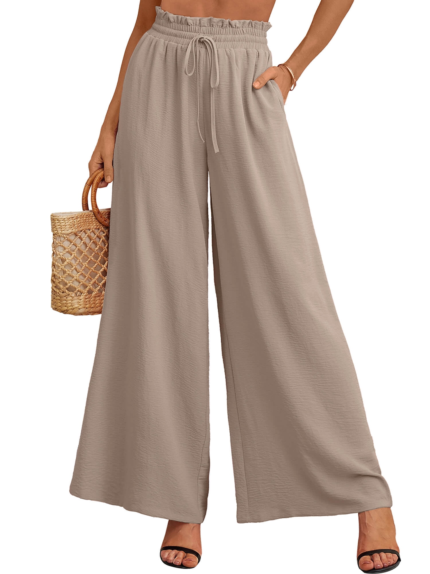 SHOWMALL Women's Pants Casual Elastic High Waisted Wide Leg Pants Wheat ...