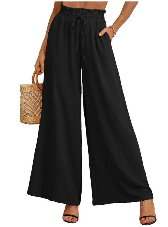SHOWMALL Women's Pants Casual Elastic Waist Wide Leg Pants Black S Palazzo Pants with Pockets