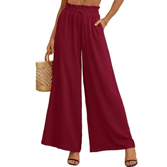 SHOWMALL Women's Pants Casual Elastic Waist Wide Leg Pants Burgundy S Palazzo Pants with Pockets