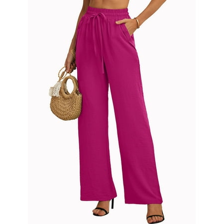 SHOWMALL Women's Pants High Waisted Pants Magenta L Casual Loose Trousers with Slant Pockets