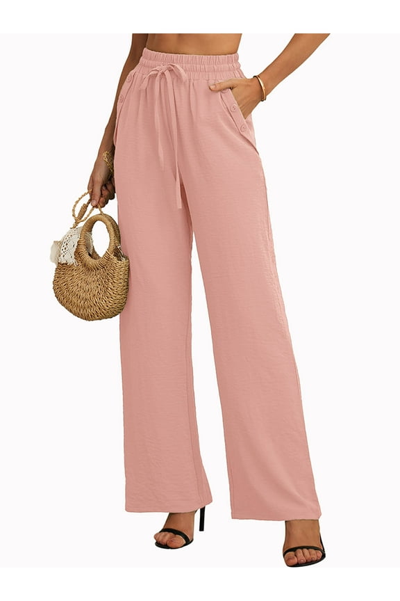 Women's Pants High Waisted Pants Pink L Casual Loose Trousers with Slant Pockets