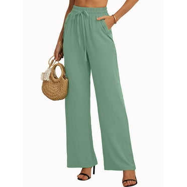 SHOWMALL Women's Pants Wide Leg Pants Aqua Green S High Waisted Loose Trousers with Slant Pockets
