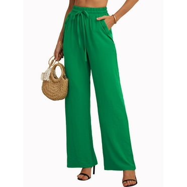 SHOWMALL Women's Pants Wide Leg Pants Green S High Waisted Loose Trousers with Slant Pockets