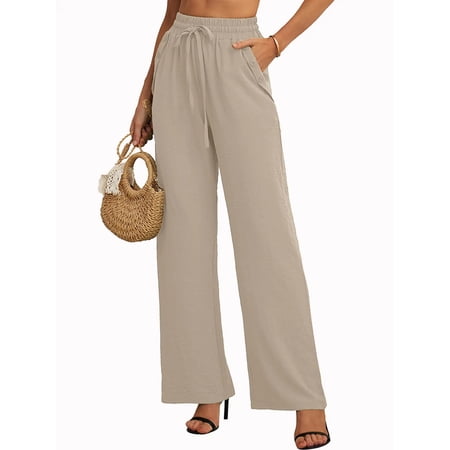 SHOWMALL Women's Pants Wide Leg Pants Light Khaki S High Waisted Loose Trousers with Slant Pockets