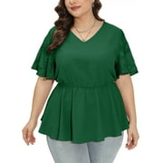 SHOWMALL Women's Peplum Tops Plus Size Lace Short Sleeve Dressy Casual Chiffon Tunic Tops Forest Green 3X Elastic Waist Casual Blouses