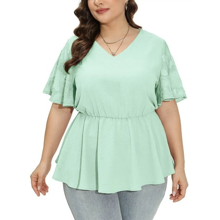 SHOWMALL Women's Peplum Tops Plus Size Lace Short Sleeve Dressy Casual Chiffon Tunic Tops Mint Green 3X Elastic Waist Casual Blouses