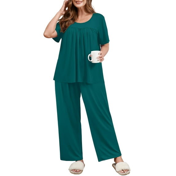 SHOWMALL Women's Plus 2 Piece Pajamas Set, Lounge & Sleepwear, Indigo Blue 4X Scoop Neck Short Sleeve Top and Relaxed Pants with Pockets