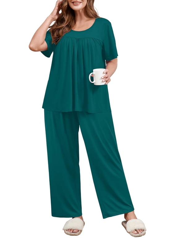 Women's Plus 2 Piece Pajamas Set, Lounge & Sleepwear, Indigo Blue 5X Scoop Neck Short Sleeve Top and Relaxed Pants with Pockets
