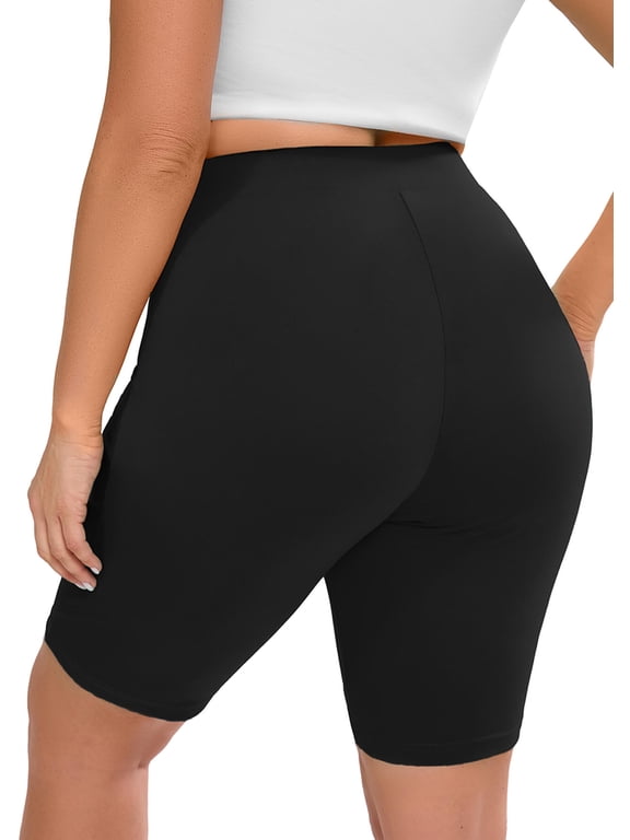 Women's Plus 8" Biker Shorts High Waisted Yoga Workout Gym Running Volleyball Spandex Shorts Black 3X