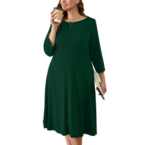 SHOWMALL Women's Plus A-Line Swing Dress Dark Green 3X Casual Dress 3/4 Sleeves Midi Dress Boat Neck Flowy Dress with Pockets