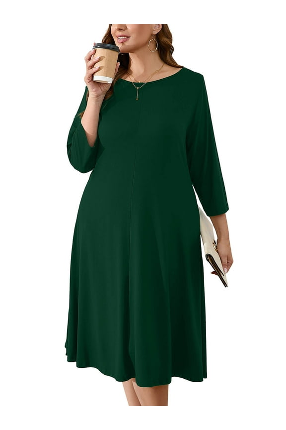 Women's Plus A-Line Swing Dress Dark Green 4X Casual Dress 3/4 Sleeves Midi Dress Boat Neck Flowy Dress with Pockets