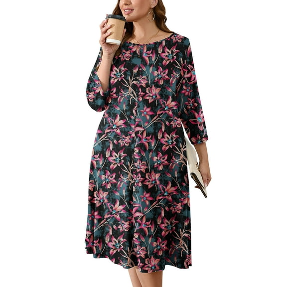 SHOWMALL Women's Plus A-Line Swing Dress Pink Floral 5X Casual Dress 3/4 Sleeves Midi Dress Boat Neck Flowy Dress with Pockets