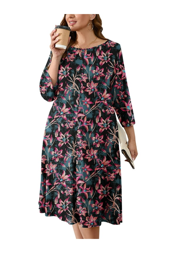 Women's Plus A-Line Swing Dress Pink Floral 5X Casual Dress 3/4 Sleeves Midi Dress Boat Neck Flowy Dress with Pockets