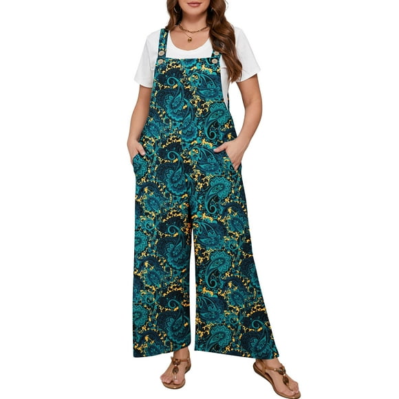 SHOWMALL Women’s Plus Jumpsuits Summer Boho Casual Wide Leg Overalls Green Field 3X Floral Print Baggy Rompers with Pocket