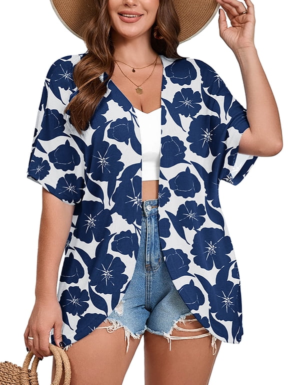 Women's Plus Boleros Lightweight Cardigan Open-Front Shrugs Short Sleeve Peony Silhouette 1X-5X Summer Cover Up Coats