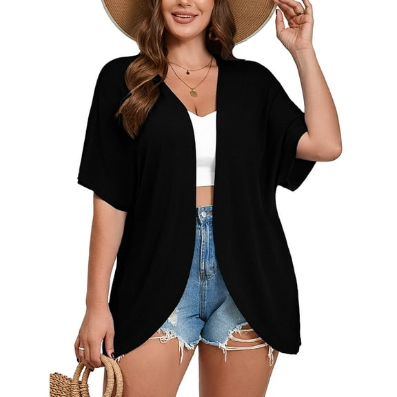 SHOWMALL Women's Plus Cardigan Short Sleeve Open-Front Lightweight Summer Cover Up 3X Black