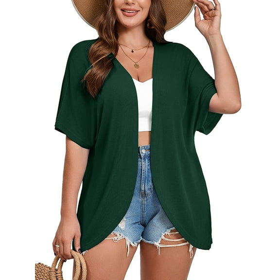 SHOWMALL Women's Plus Cardigan Short Sleeve Open-Front Lightweight Summer Cover Up 3X Dark Green