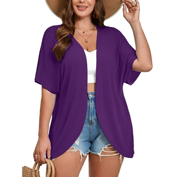 SHOWMALL Women's Plus Cardigan Short Sleeve Open-Front Lightweight Summer Cover Up 3X Purple