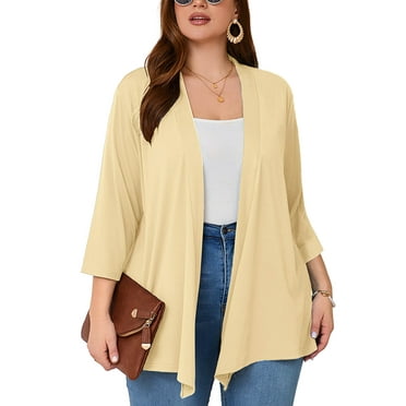 SHOWMALL Women's Plus Cardigans Lightweight Open Front Cardigans 3/4 Sleeve Beige 3X Casual Soft Drape Fall Summer Cardigan
