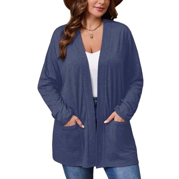 SHOWMALL Women's Plus Cardigans Lightweight Open Front Cardigans 3/4 Sleeve Dark Blue 5X Casual Soft Drape Fall Summer Cardigan