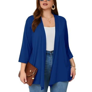 SHOWMALL Women's Plus Cardigans Lightweight Open Front Cardigans 3/4 Sleeve Klein Blue 3X Casual Soft Drape Fall Summer Cardigan